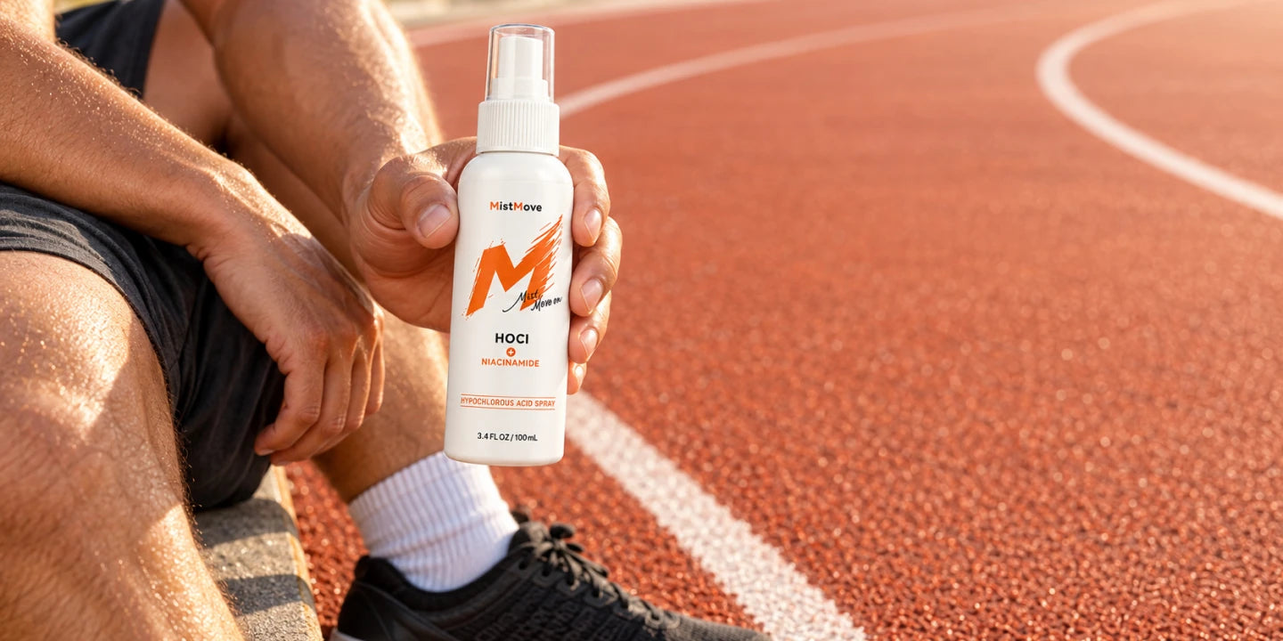 Athlete taking a break beside a running track with a mistmove bottle