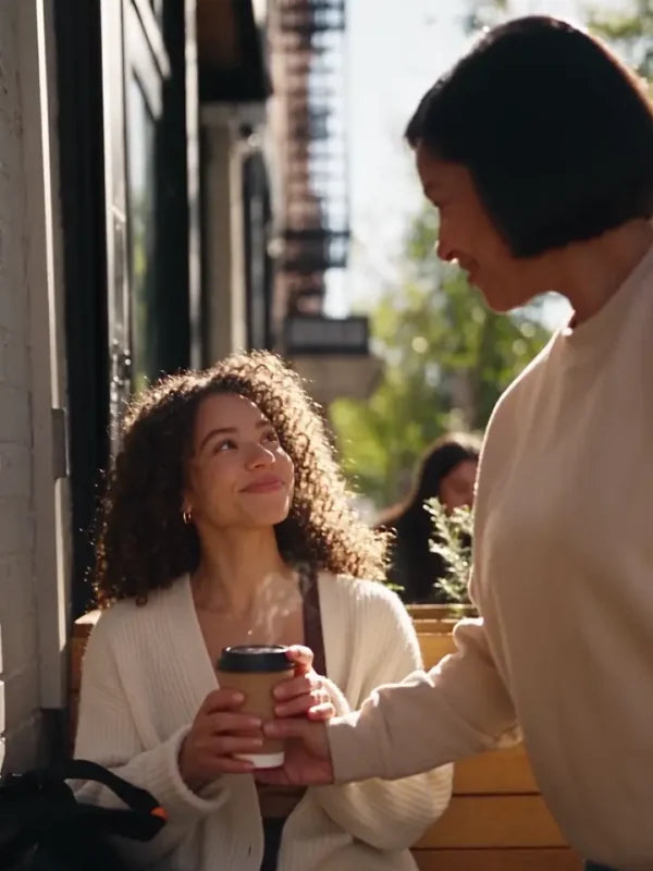 Two friends meeting for coffee outside a cafe