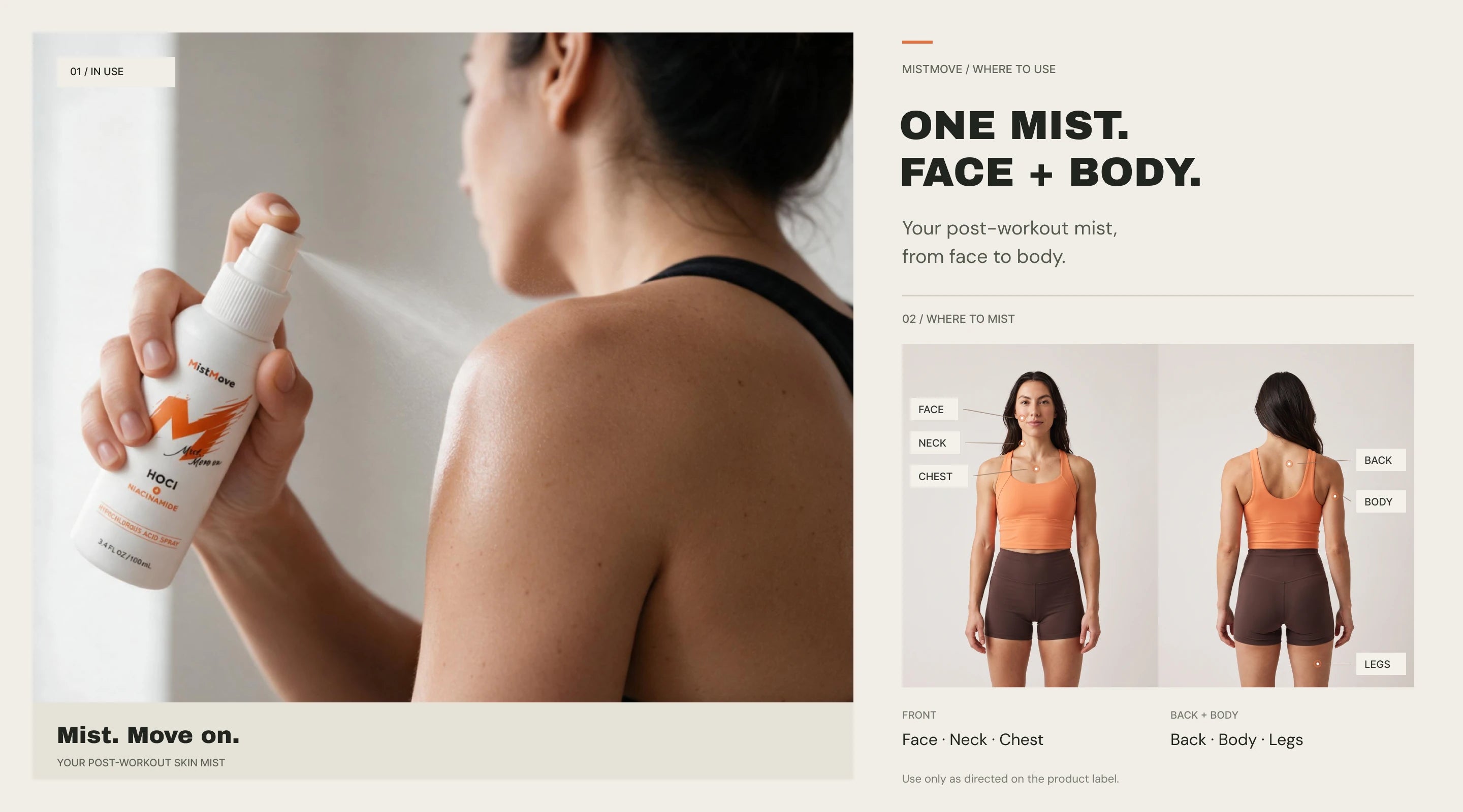 MistMove shoulder-spraying scene beside front and back use-area views, with small markers for face, neck, chest, back, body and legs.