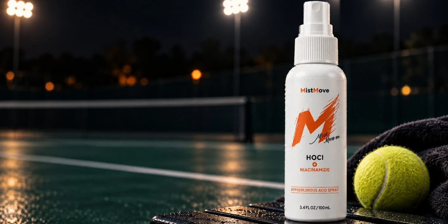 Mistmove bottle and tennis ball on a floodlit court at night
